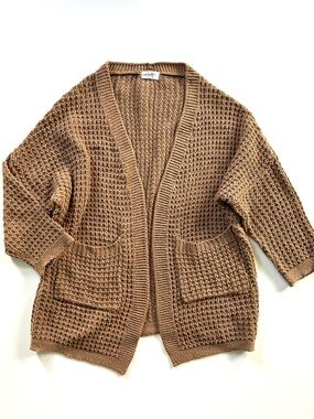 Carly Jean Los Angeles Tan Brown Waffle Knit Oversized Cotton Cardigan Sweater